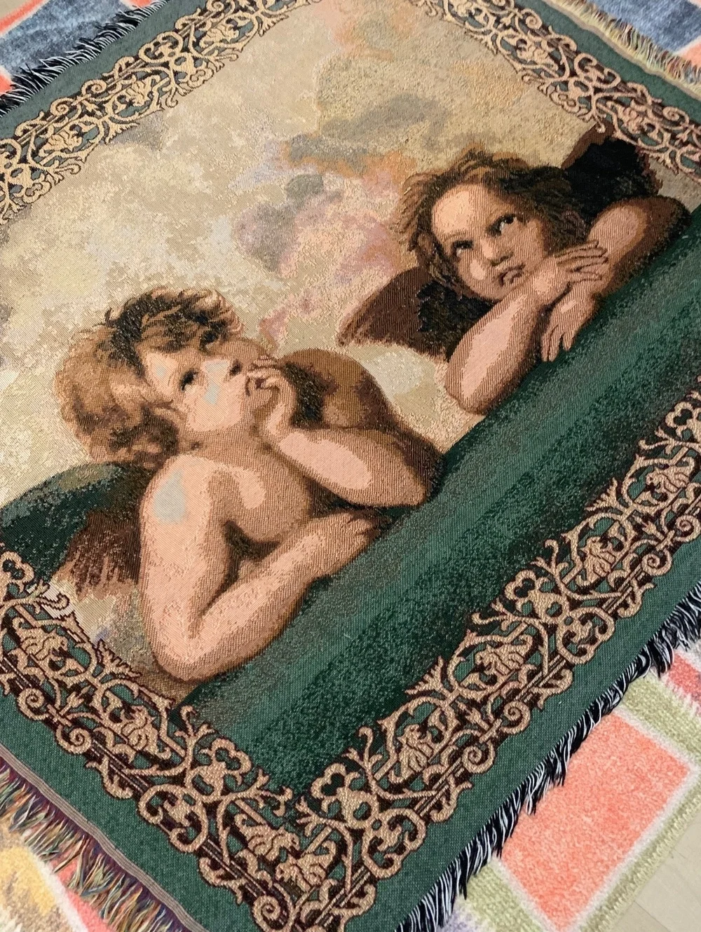 Vintage Renaissance Cherubs Woven Tapestry Throw Blanket Fringe Raphael Angels